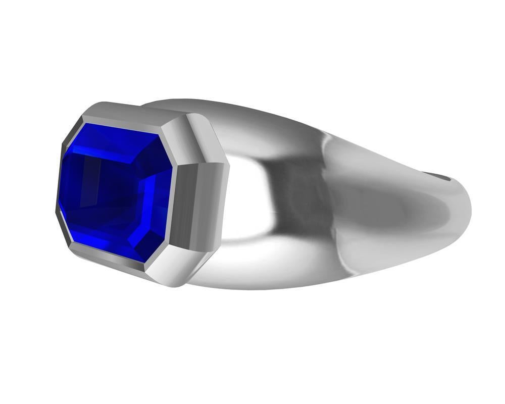 For Sale:  Platinum Sculpture Unisex Ring with 2.54 Carat Emerald Cut Blue Sapphire 5