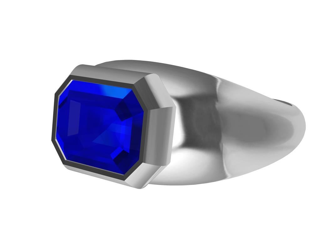 For Sale:  Platinum Sculpture Unisex Ring with 2.54 Carat Emerald Cut Blue Sapphire 6