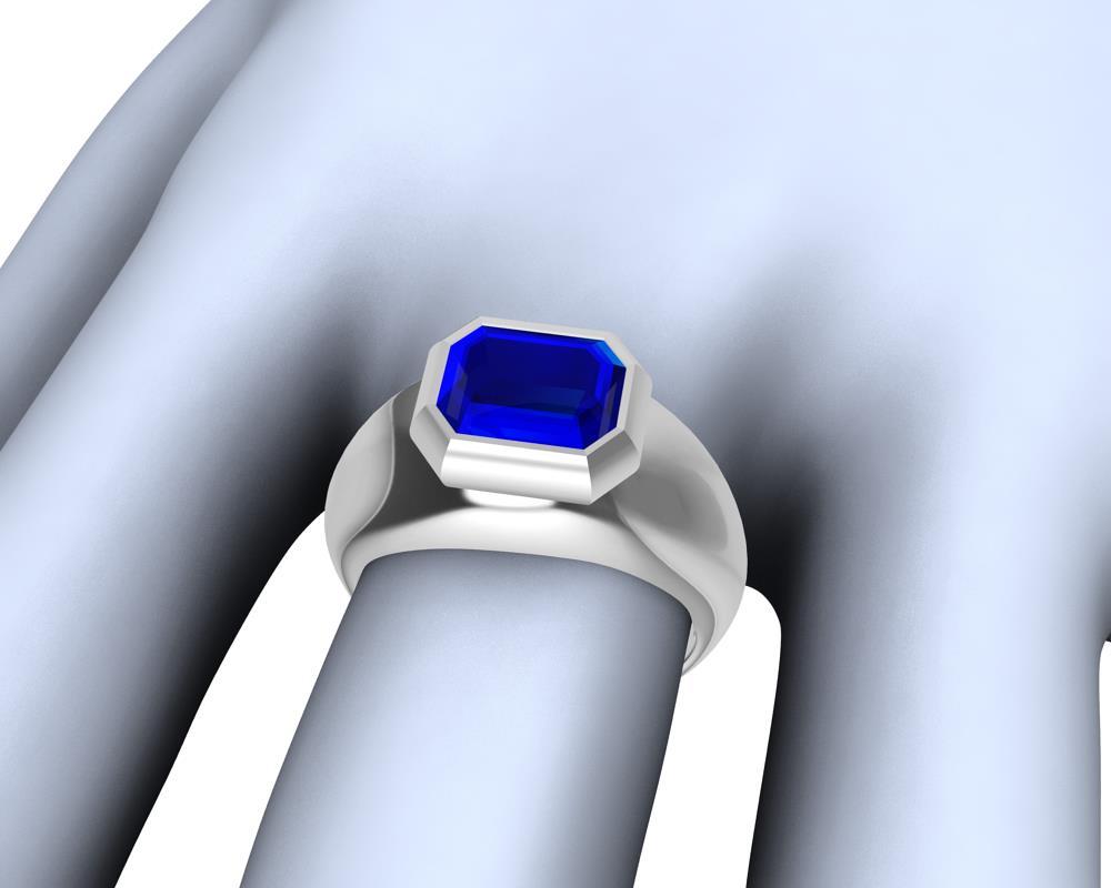 For Sale:  Platinum Sculpture Unisex Ring with 2.54 Carat Emerald Cut Blue Sapphire 8