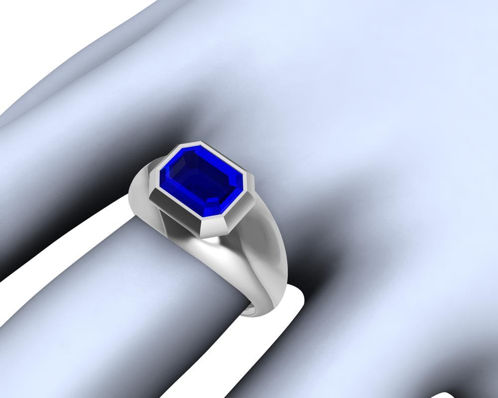 For Sale:  Platinum Sculpture Unisex Ring with 2.54 Carat Emerald Cut Blue Sapphire 9