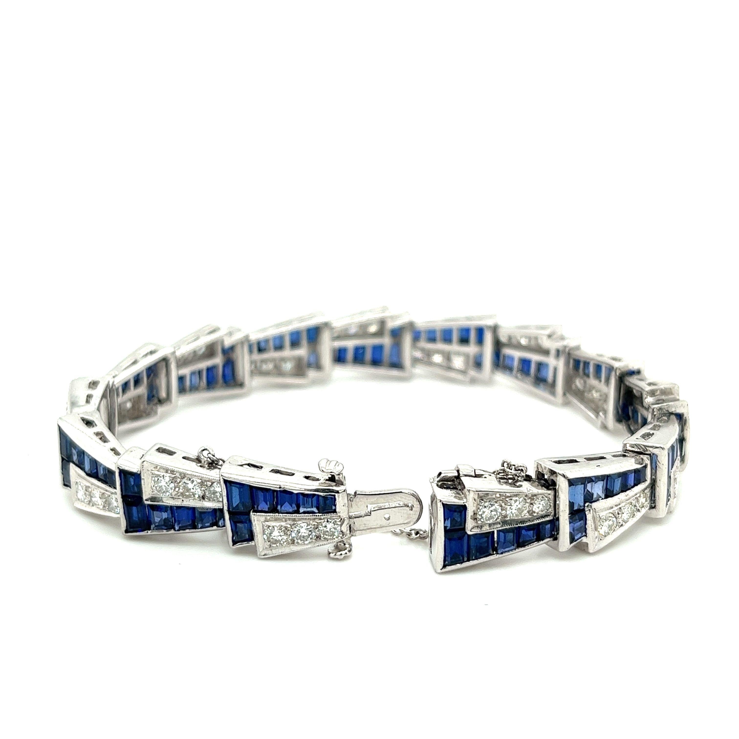 Platinum Set Blue Sapphire & Diamond Alternating Mirrored Vintage Bracelet In Excellent Condition For Sale In Miami, FL