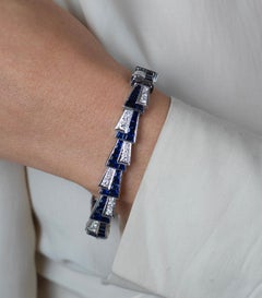 Platinum Set Blue Sapphire & Diamond Alternating Mirrored Vintage Bracelet
