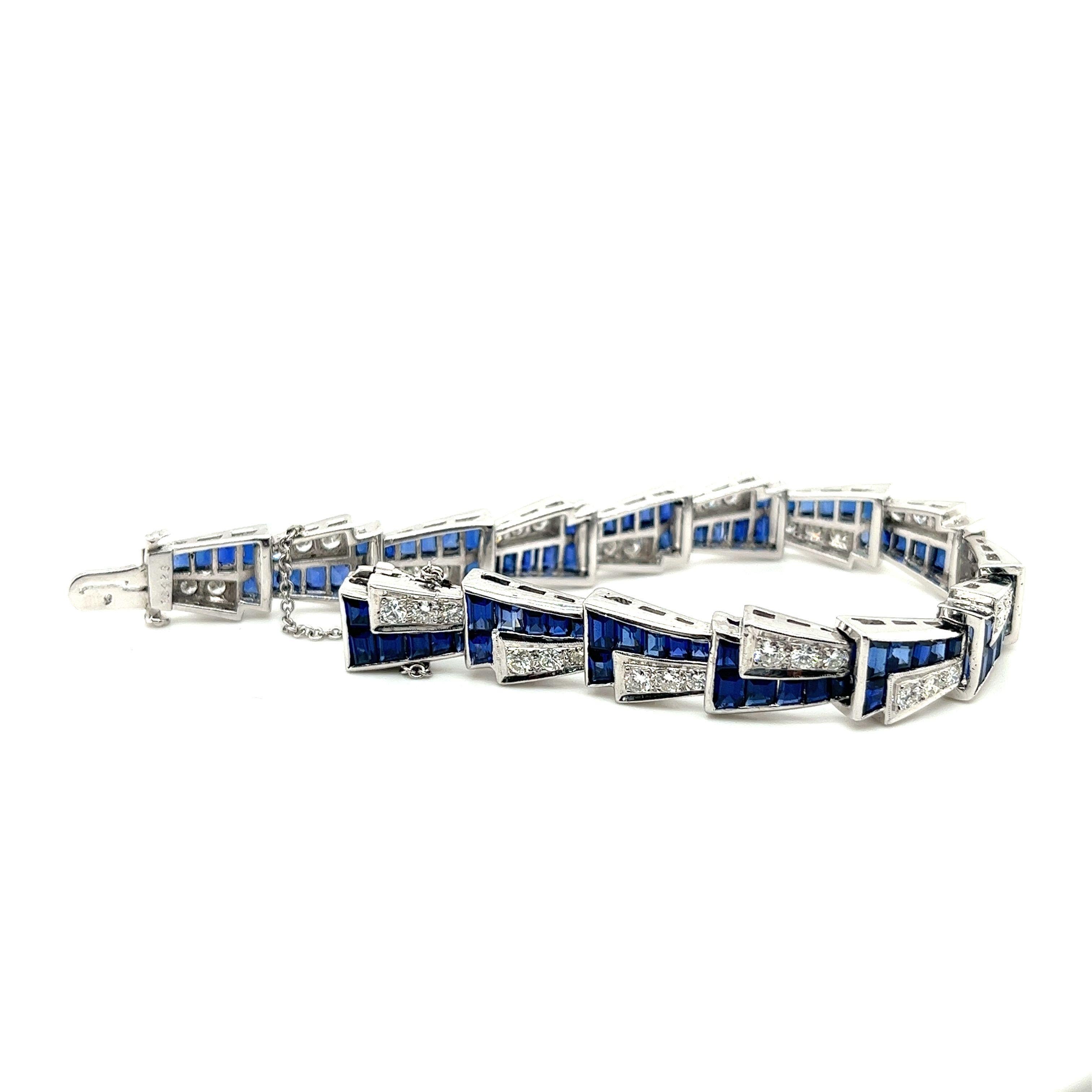 Women's Platinum Set Blue Sapphire & Diamond Alternating Mirrored Vintage Bracelet For Sale