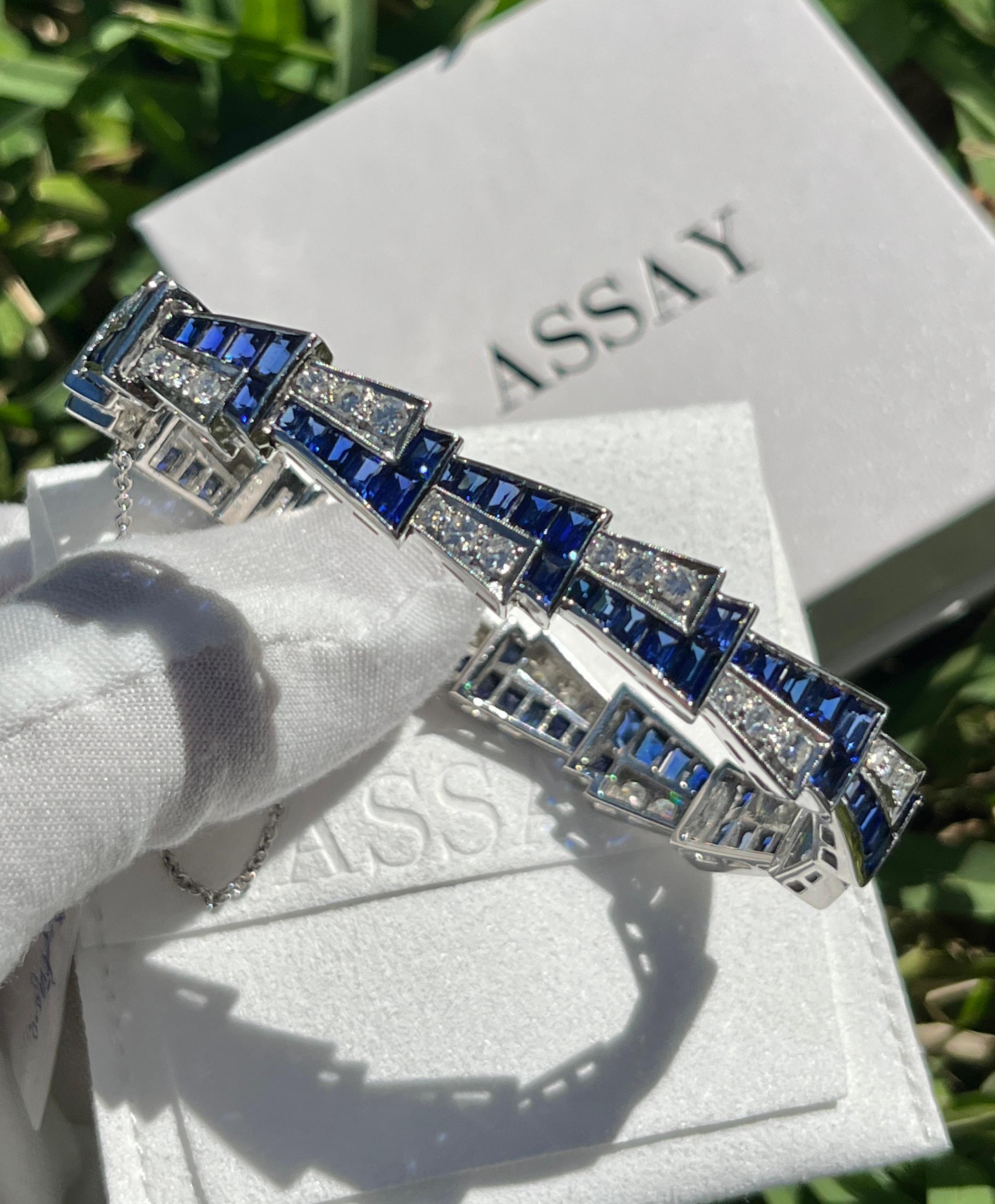 Platinum Set Blue Sapphire & Diamond Alternating Mirrored Vintage Bracelet For Sale 2