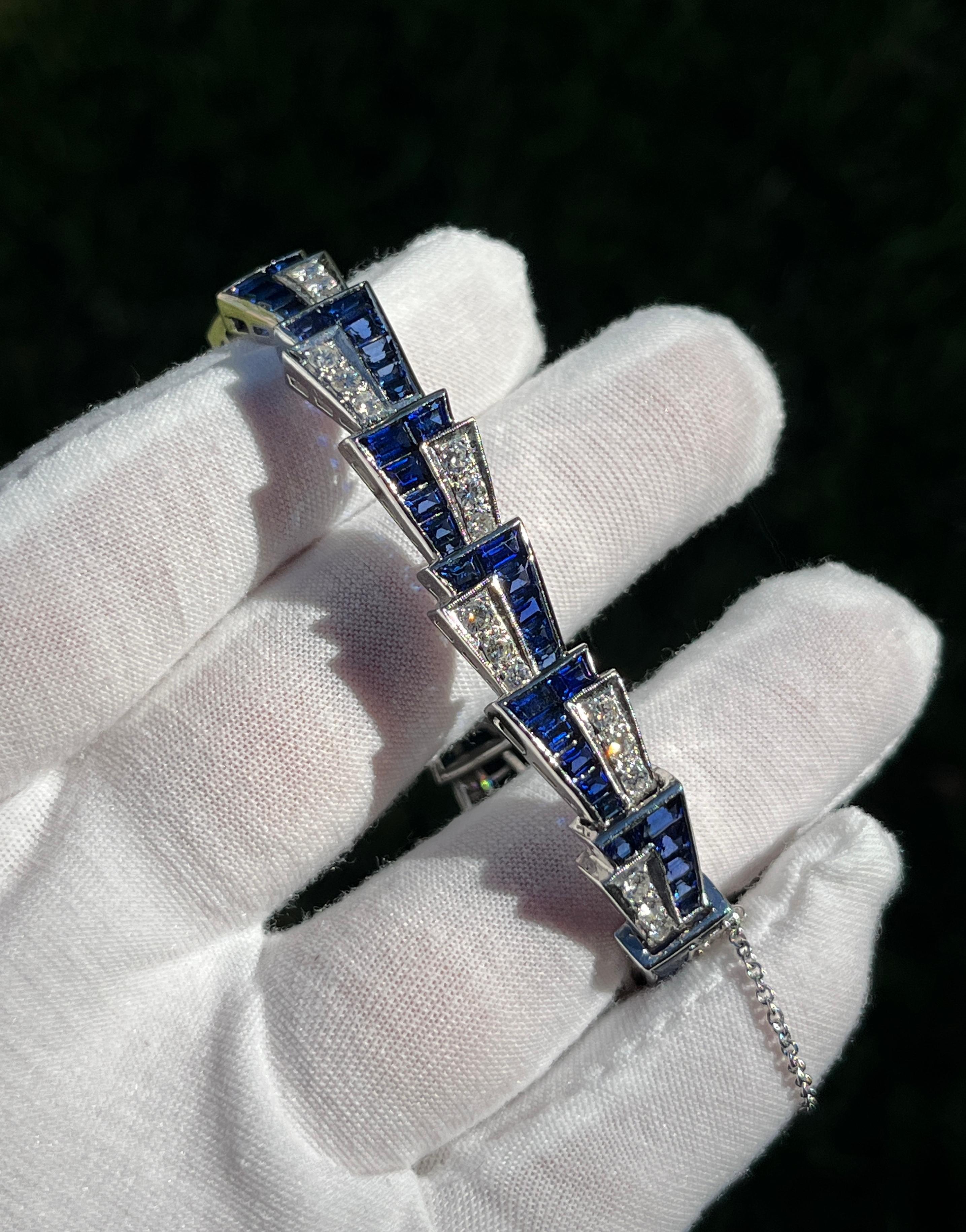 Platinum Set Blue Sapphire & Diamond Alternating Mirrored Vintage Bracelet For Sale 3