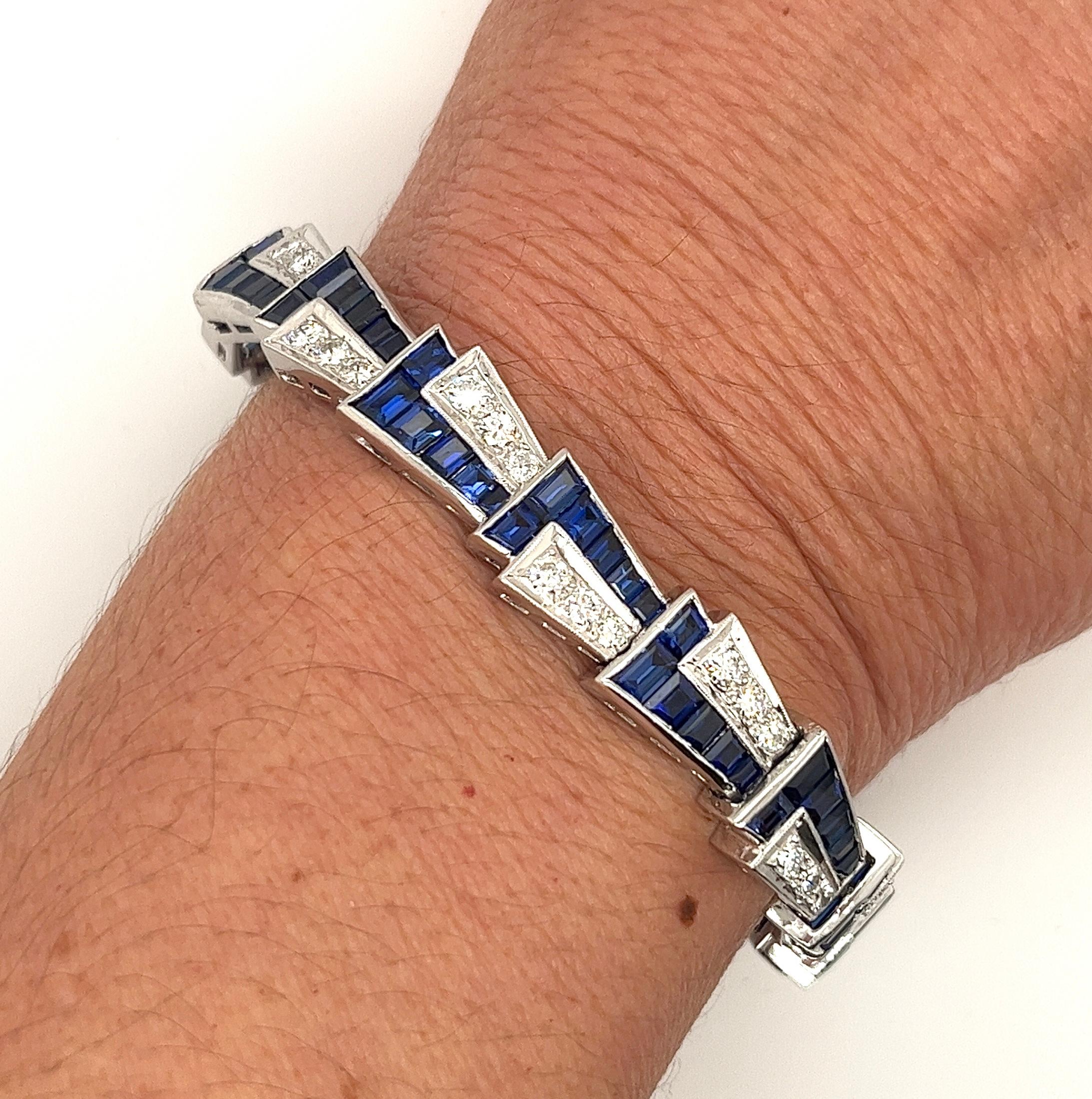 Platinum Set Blue Sapphire & Diamond Alternating Mirrored Vintage Bracelet For Sale 4