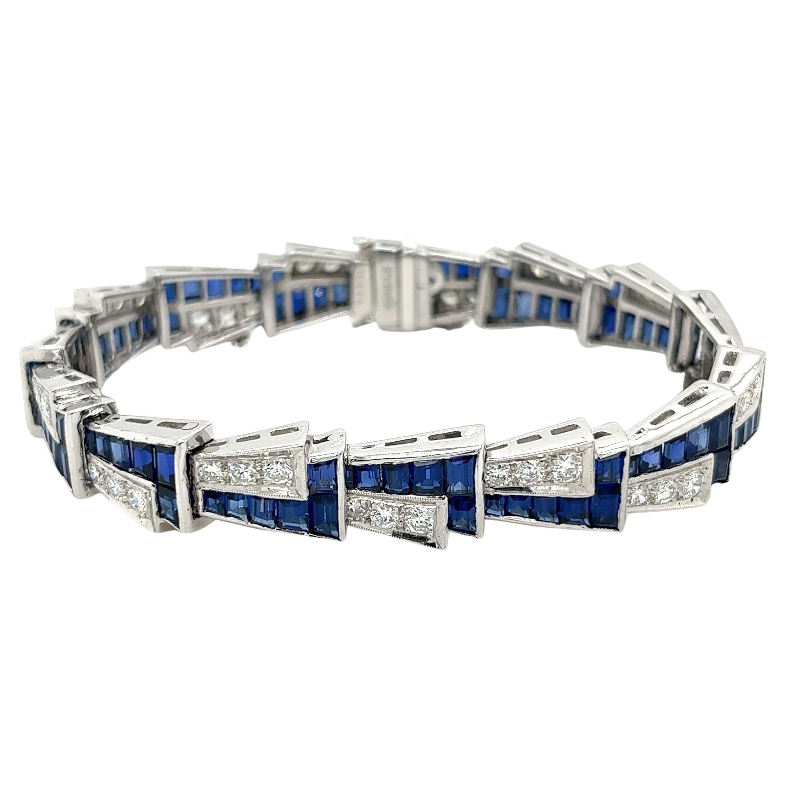 Platinum Set Blue Sapphire & Diamond Alternating Mirrored Vintage Bracelet For Sale