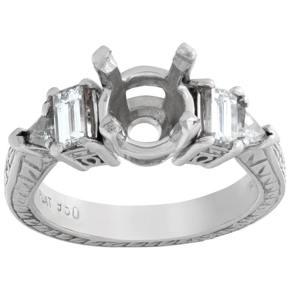 Platinum setting for 1-1.3 carat diamond w/ emerald & triangle cut diamonds For Sale