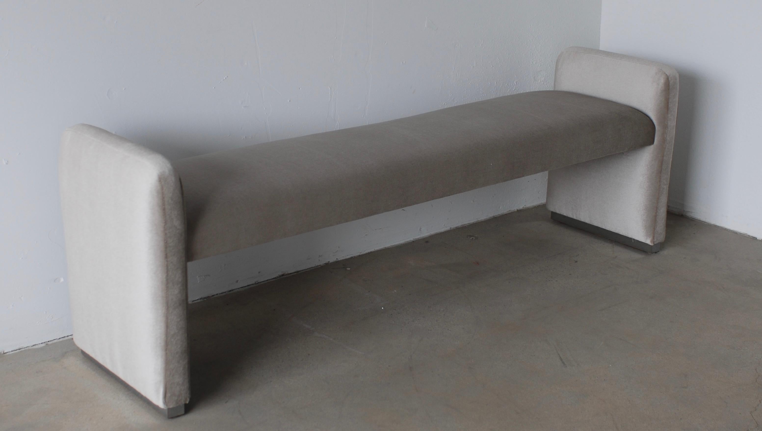 American Platinum Silver Pale Gray Mohair Bench with Chrome Base