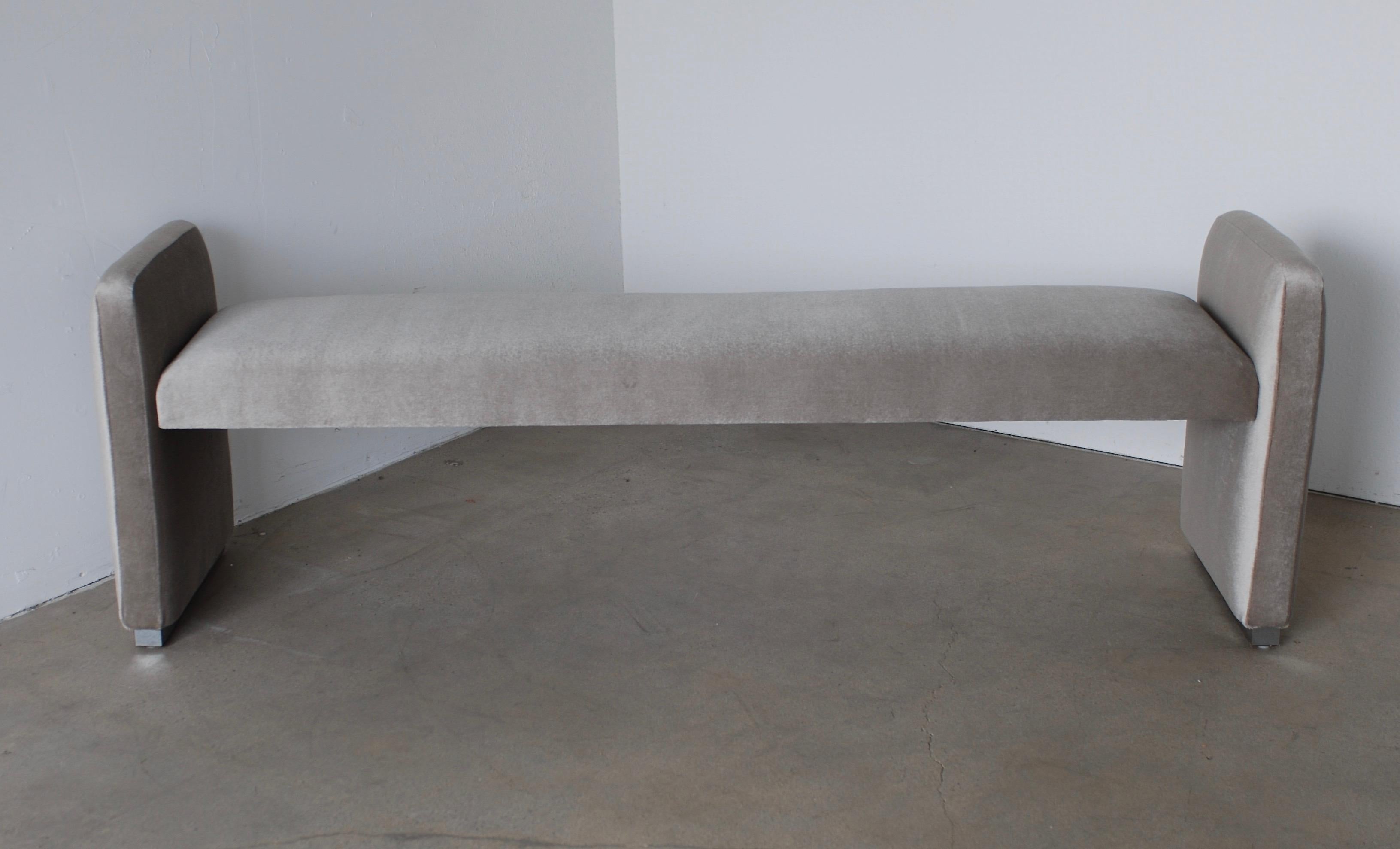 Platinum Silver Pale Gray Mohair Bench with Chrome Base In New Condition In Palm Springs, CA