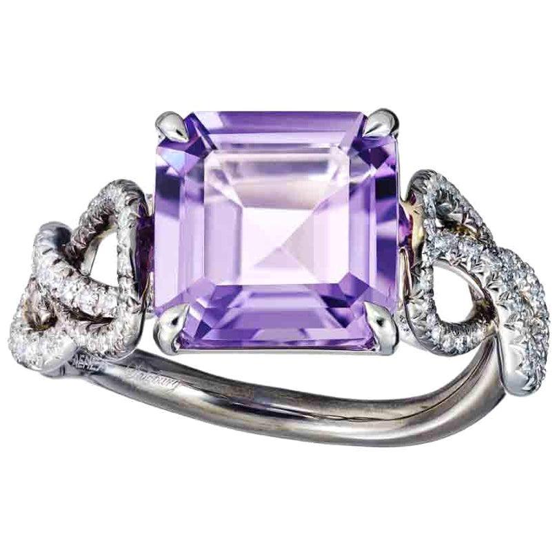 For Sale:  Platinum Silver Rhodium Amethyst White Diamond Engagement Cocktail Ring Aenea