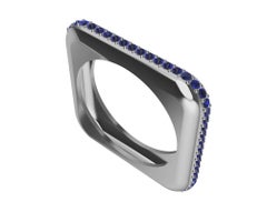 Platinum Soft Square Unisex Sculpture Ring with Blue Sapphires
