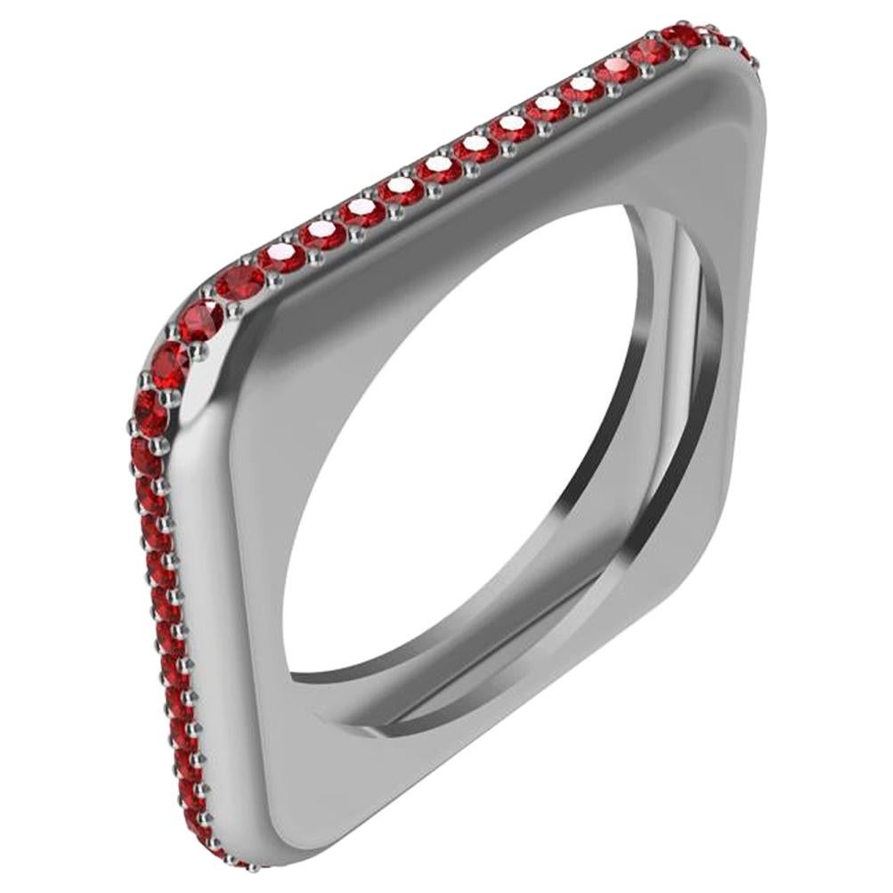 Platinum Soft Square Unisex Sculpture Ring with Rubies