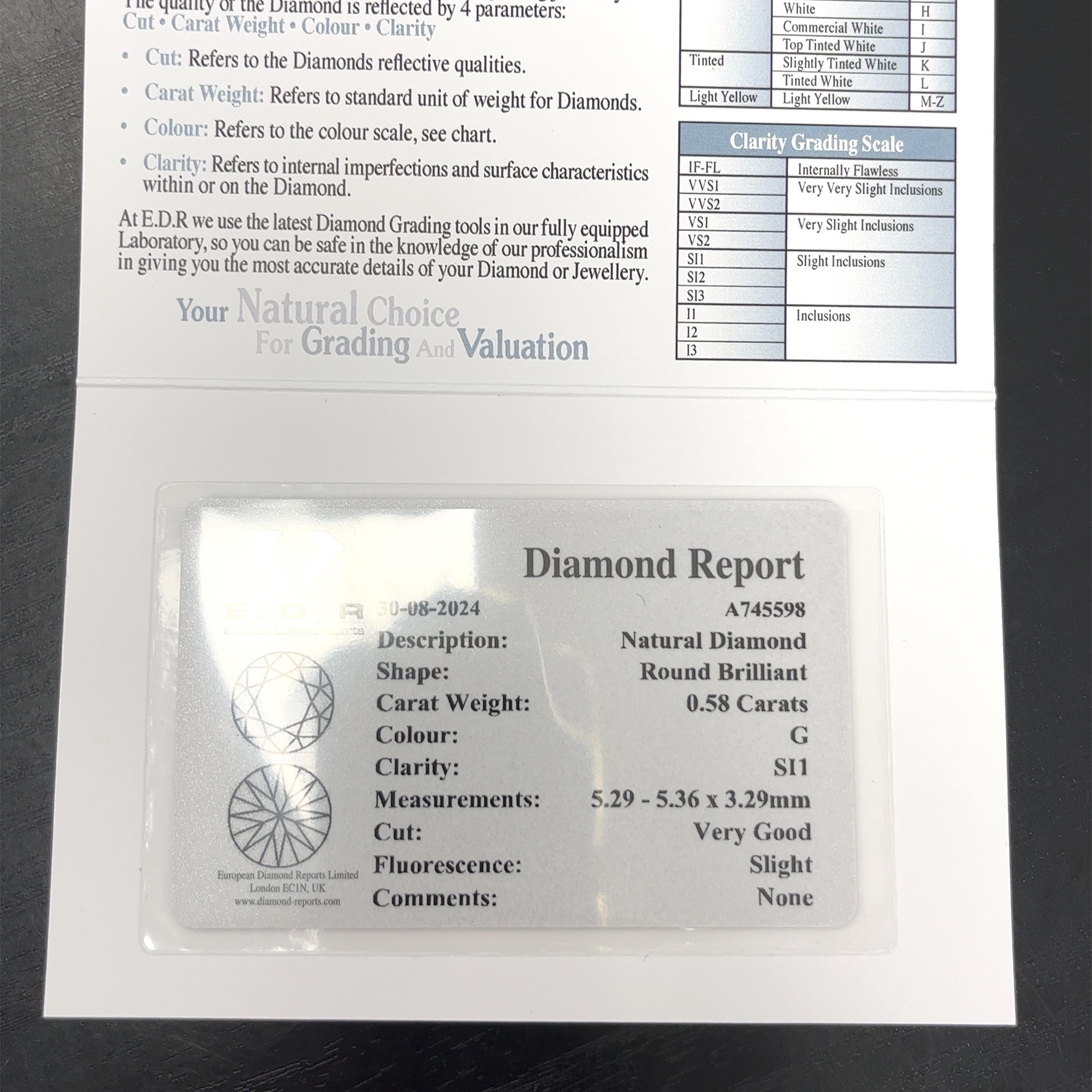 Round Cut Platinum Solitaire Diamond Ring Set With 0.58ct G/SI1 Diamond For Sale