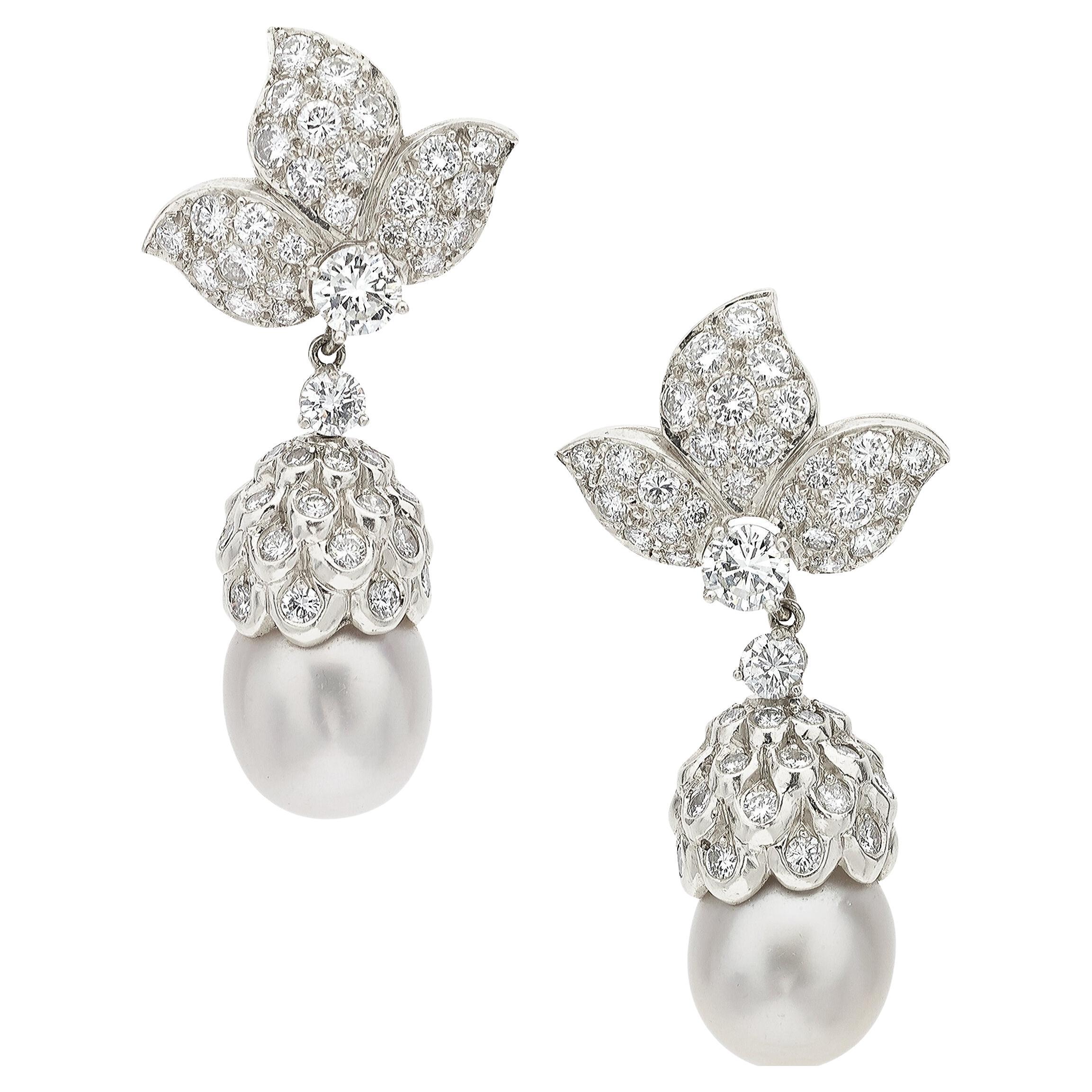 Platinum South Sea Pearl and 5 Carat Diamond Day / Night Clip-On Earrings