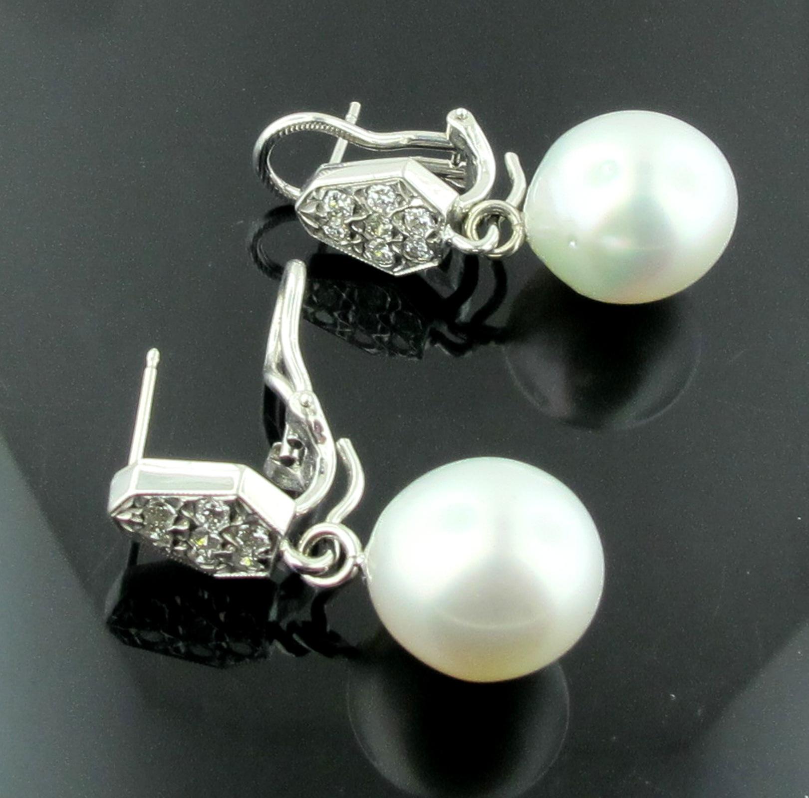 Round Cut Platinum South Sea Pearl and Diamond Earrings For Sale