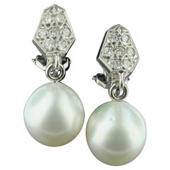 Vintage Platinum South Sea Pearl and Diamond Earrings