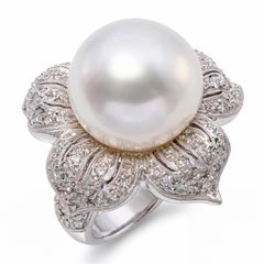 Platinum South Sea Pearl and Diamond Flower Statement Ring