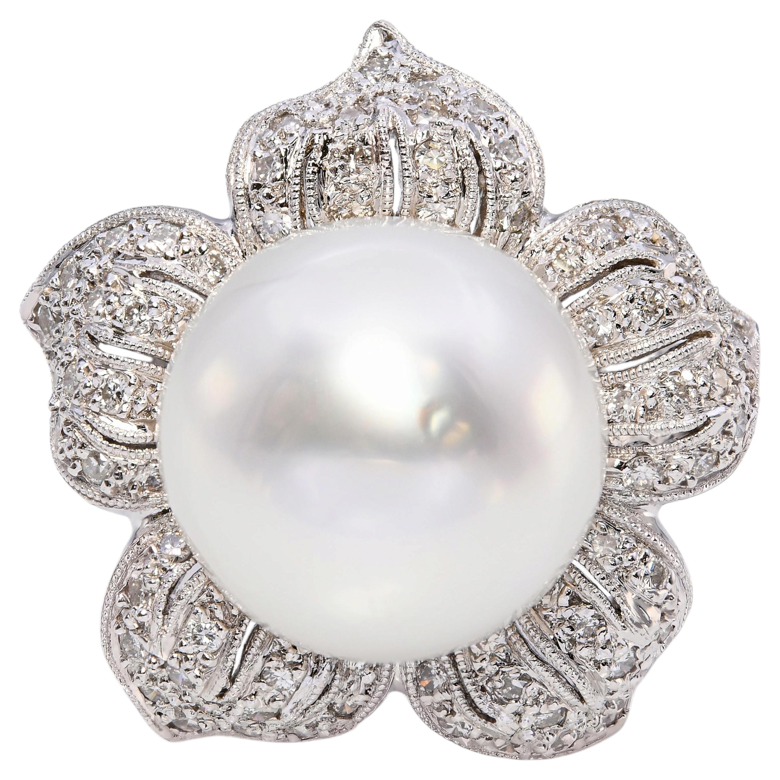 Platinum South Sea Pearl and Diamond Flower Statement Ring