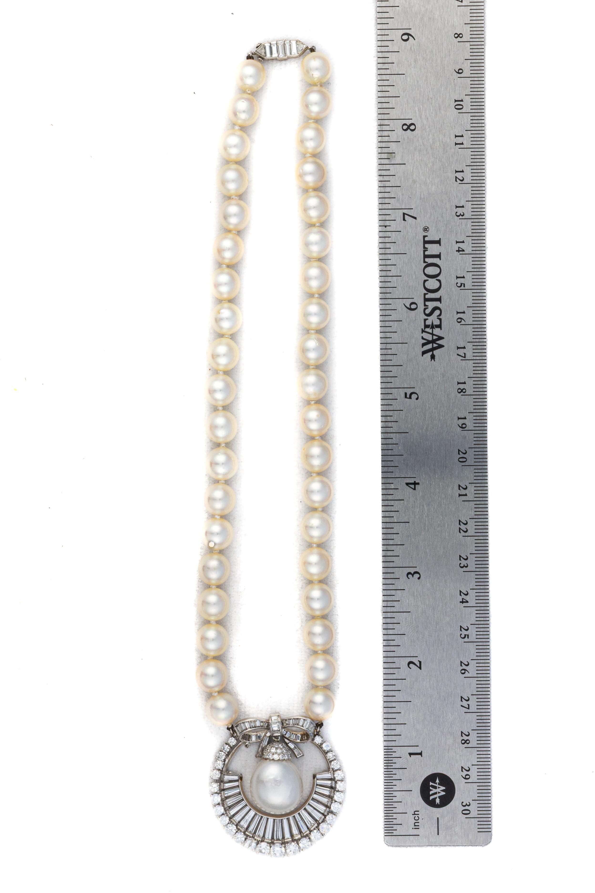 Round Cut Platinum South Sea Pearl and Diamond Pendant Necklace For Sale