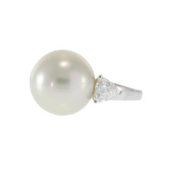 Platinum South Sea Pearl and Trillion Cut Diamond Ring