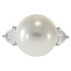 Platinum South Sea Pearl and Trillion Cut Diamond Ring