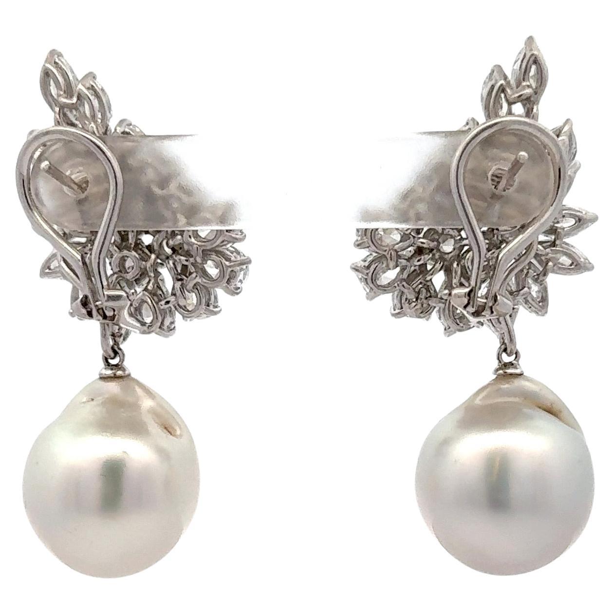 Orecchini in platino con perle dei mari del sud e diamanti a grappolo 12 carati G-H SI 15 MM In condizioni Nuovo in vendita a New York, NY