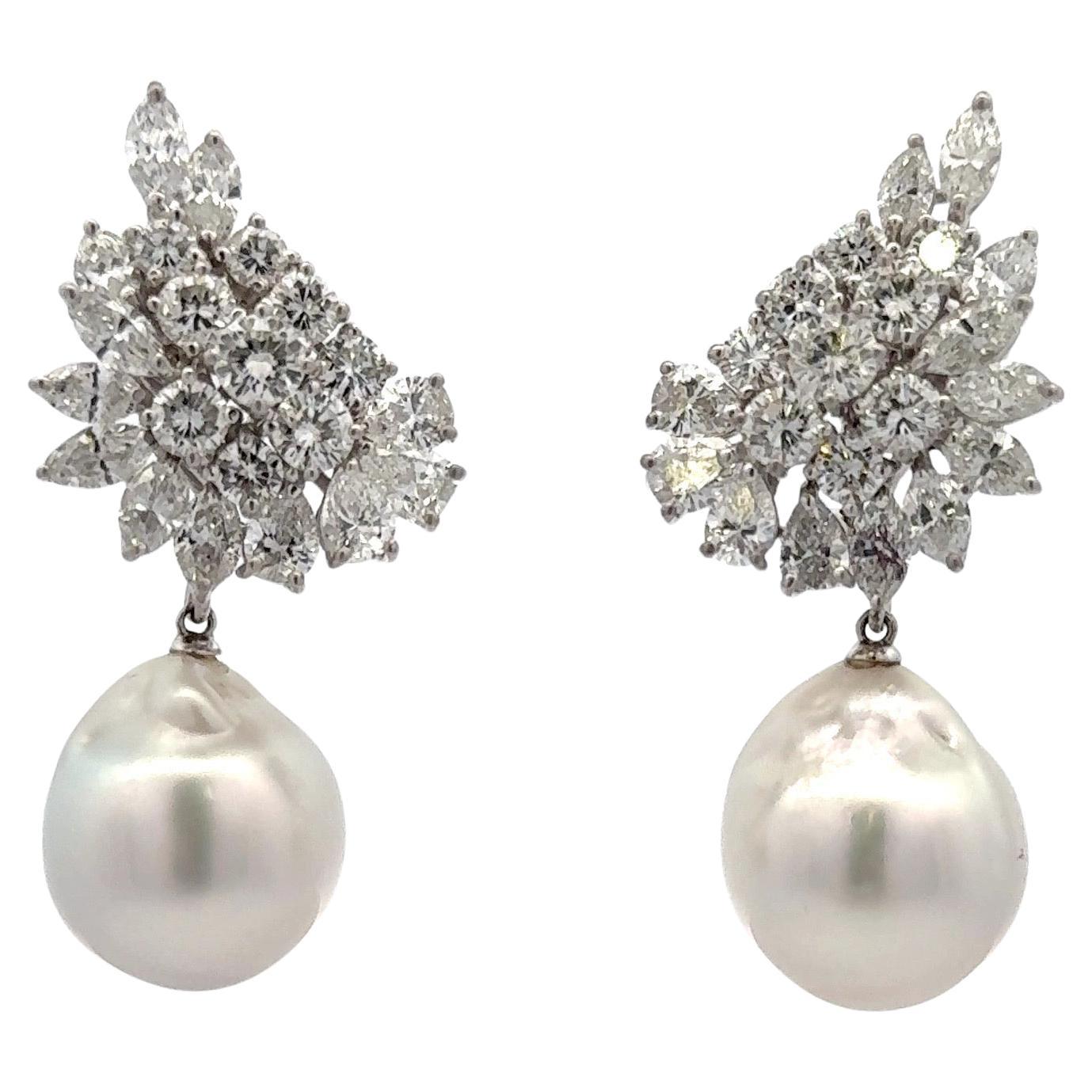 da uomo o donna Orecchini in platino con perle dei mari del sud e diamanti a grappolo 12 carati G-H SI 15 MM in vendita