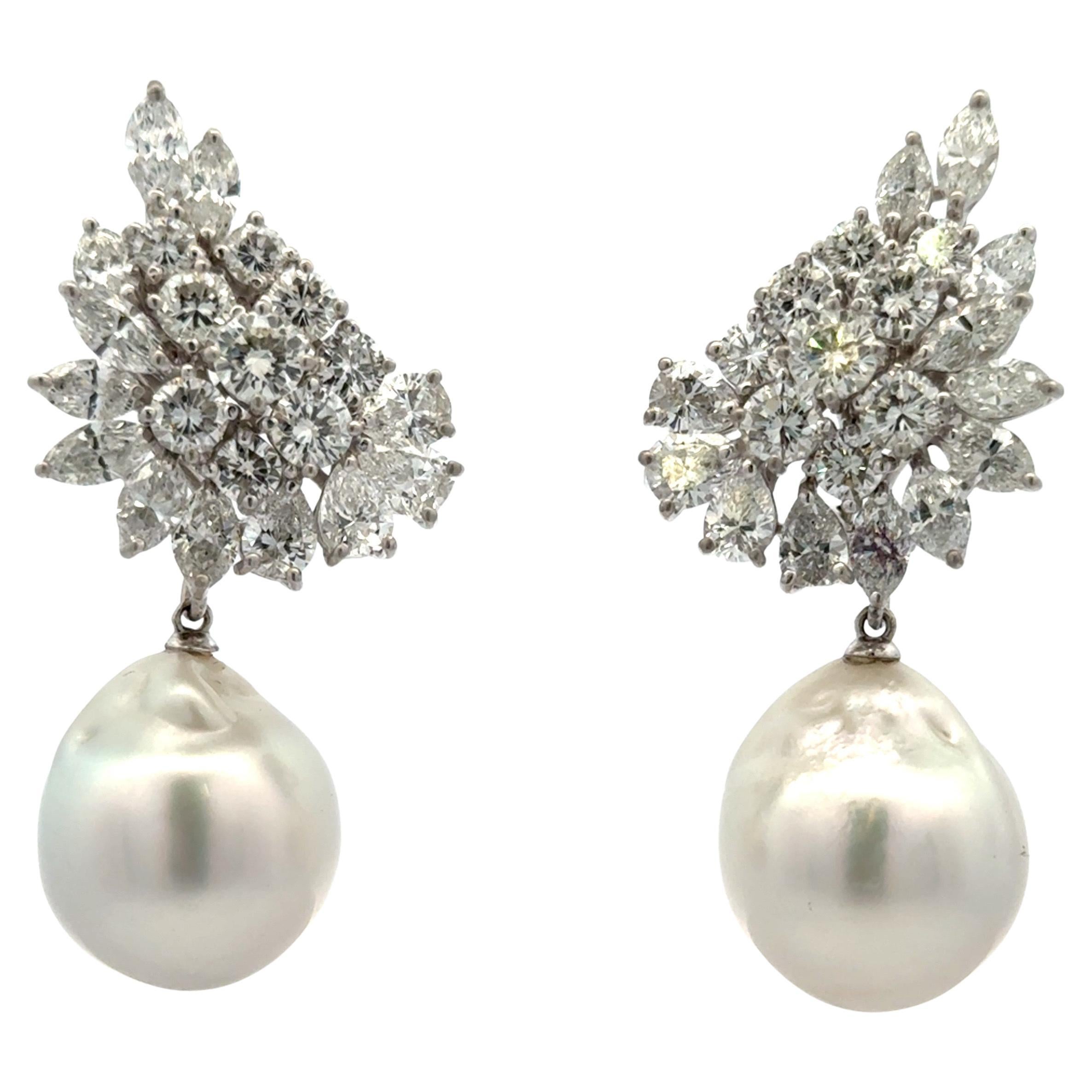Platinum South Sea Pearl Diamond Cluster Drop Earrings 12 Carats G-H SI 15 MM