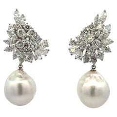 Platinum South Sea Pearl Diamond Cluster Drop Earrings 12 Carats G-H SI 15 MM