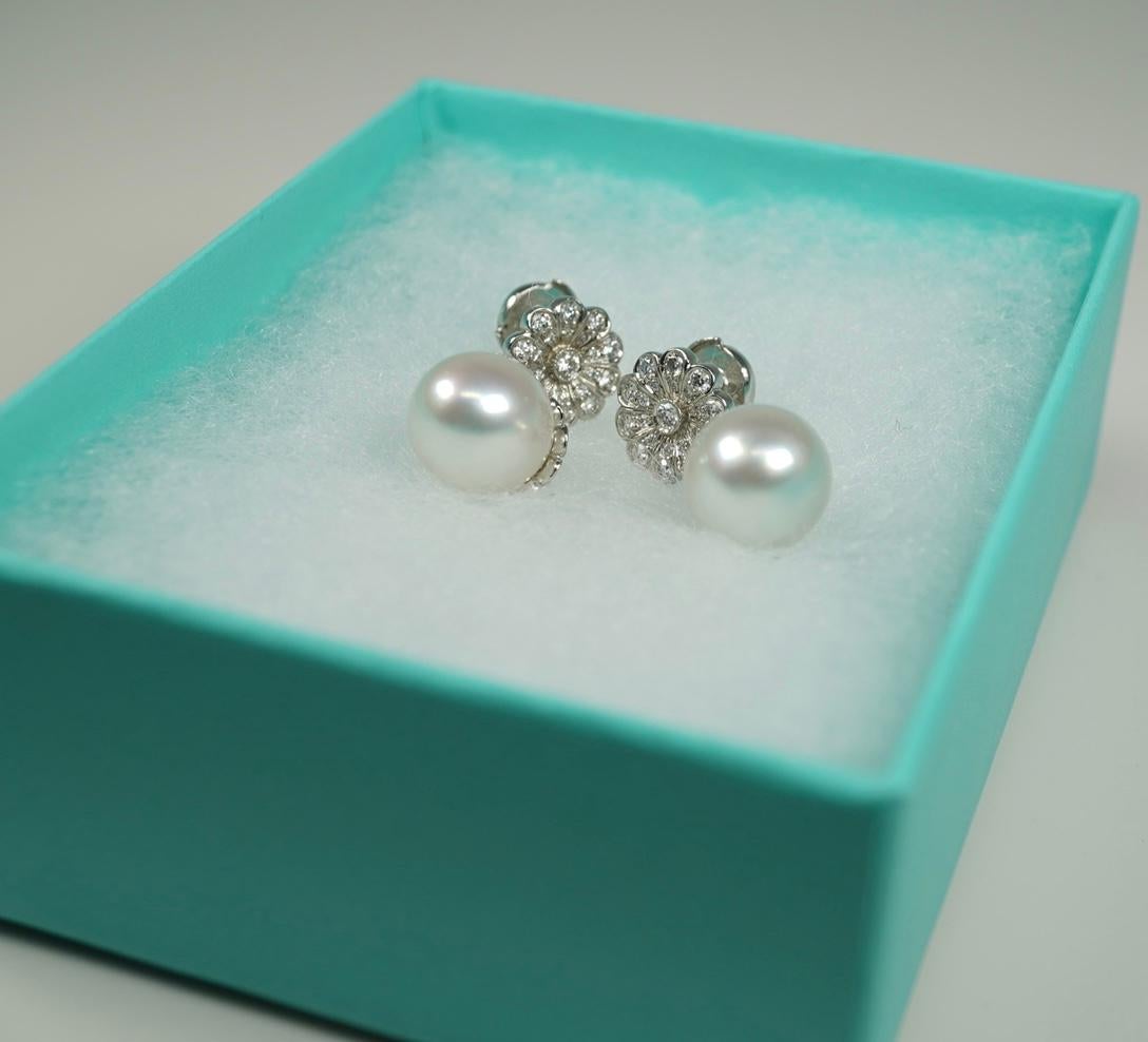 Round Cut Platinum South Sea Pearl Diamond Drop Earrings By Tiffany & Co.