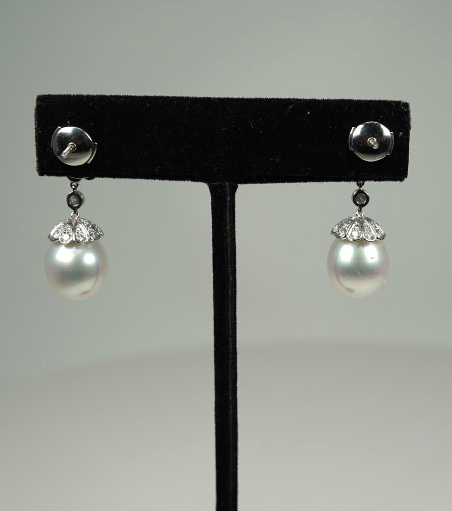 Platinum South Sea Pearl Diamond Drop Earrings By Tiffany & Co. In Good Condition In Dallas, TX