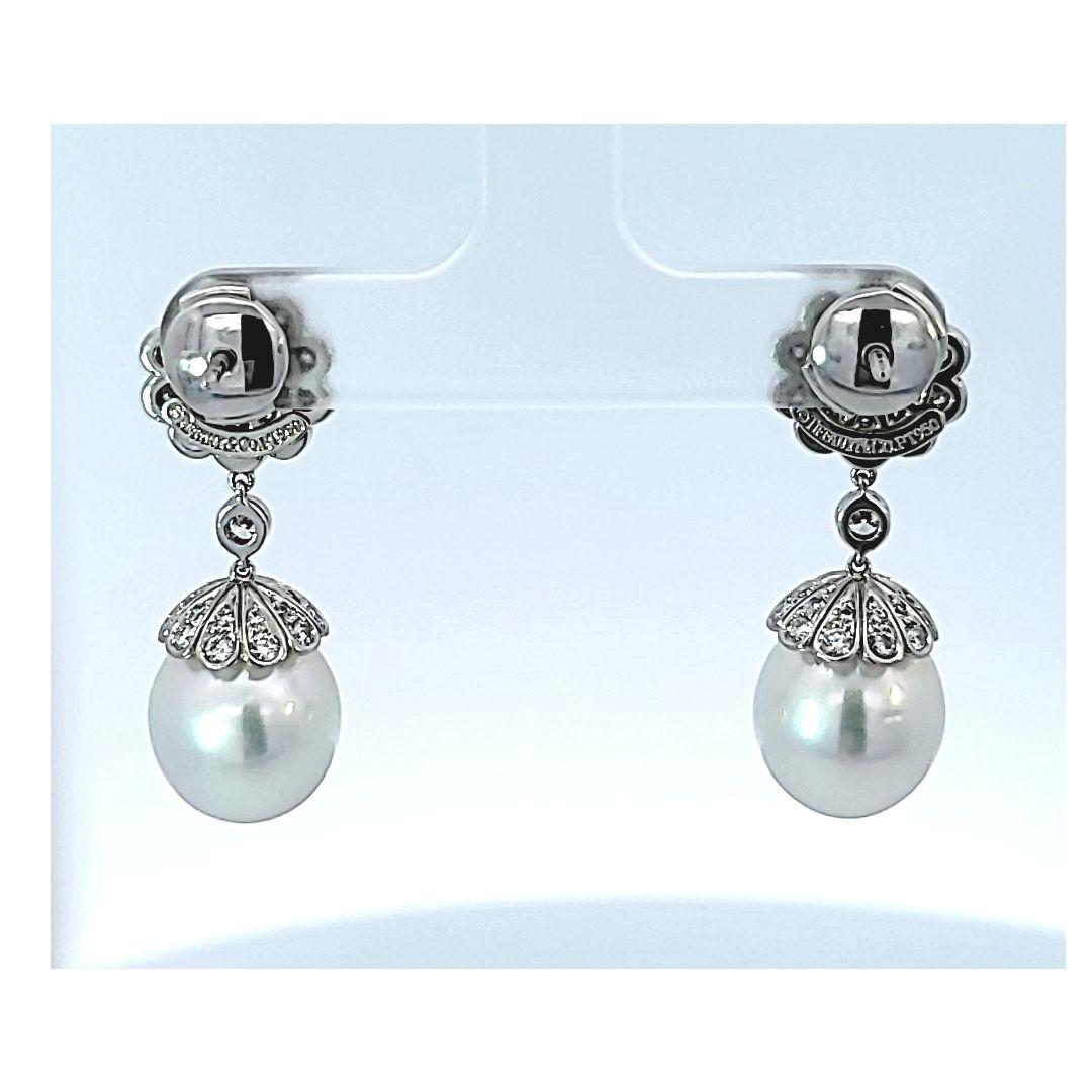 Women's or Men's Platinum South Sea Pearl Diamond Drop Earrings By Tiffany & Co.