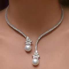 Platinum Spring Wire Necklace with Diamonds and Twin South Sea Pearl Drops