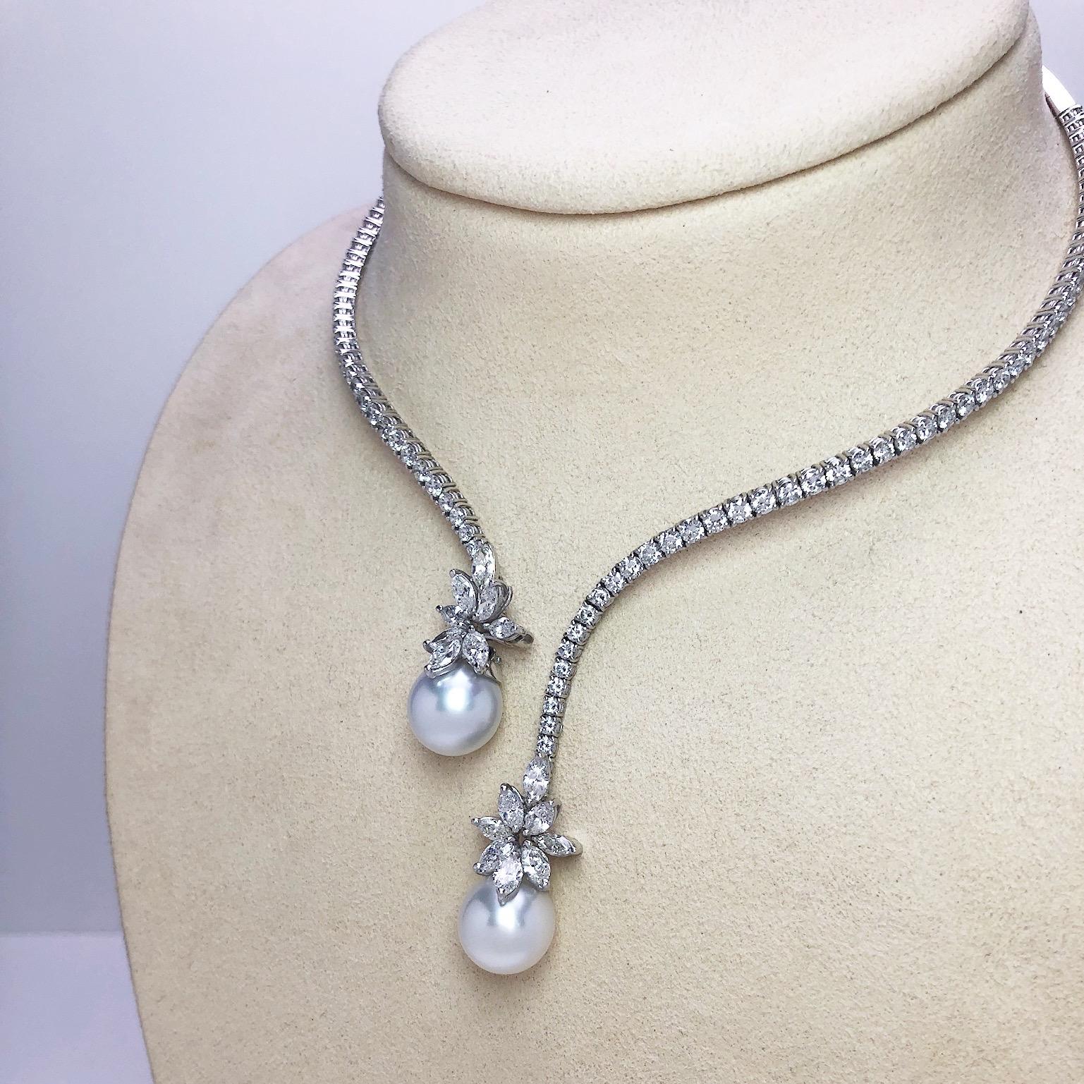 Marquise Cut Platinum Spring Wire Necklace with Diamonds and Twin South Sea Pearl Drops