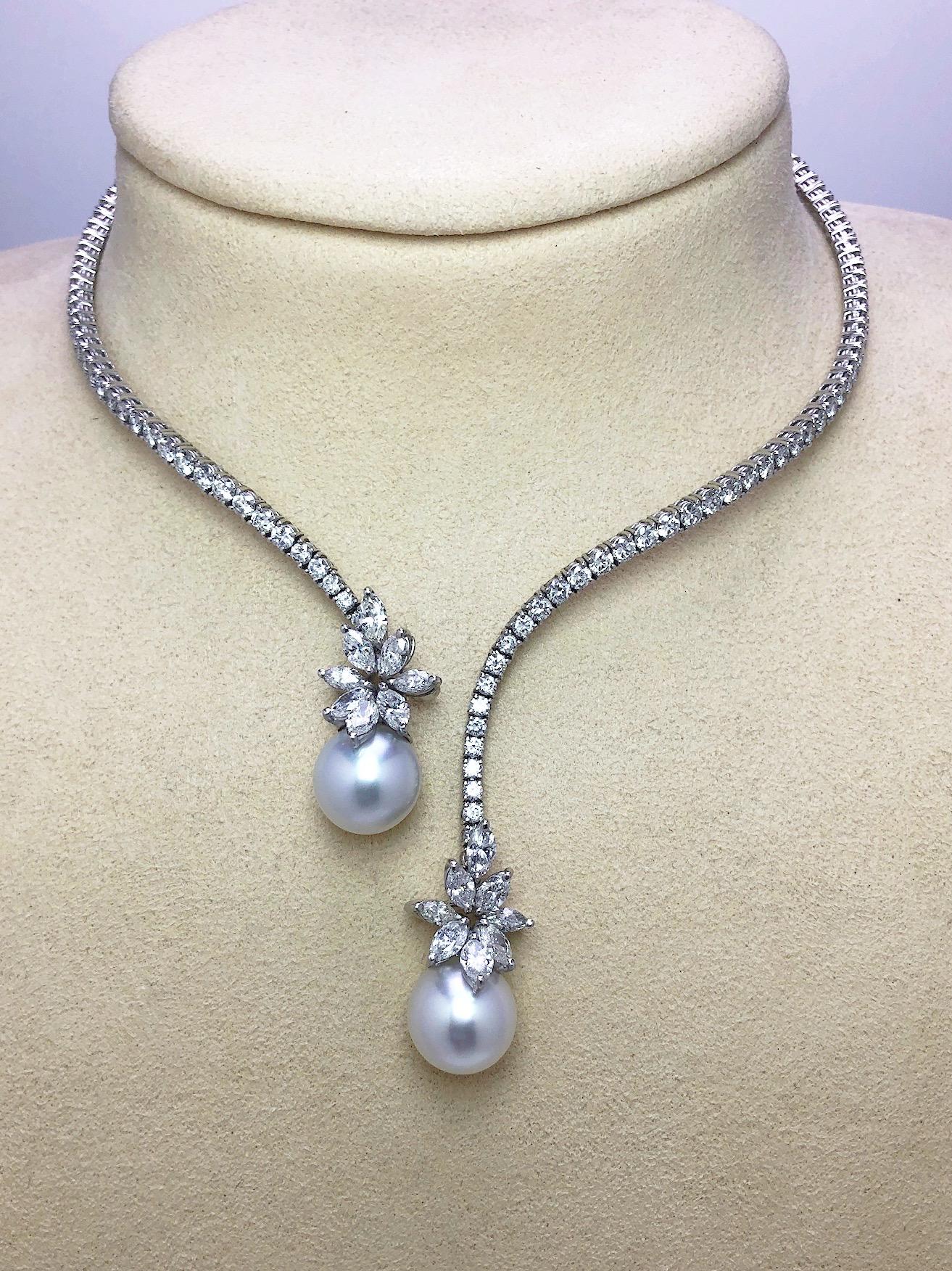 Platinum Spring Wire Necklace with Diamonds and Twin South Sea Pearl Drops In New Condition In New York, NY