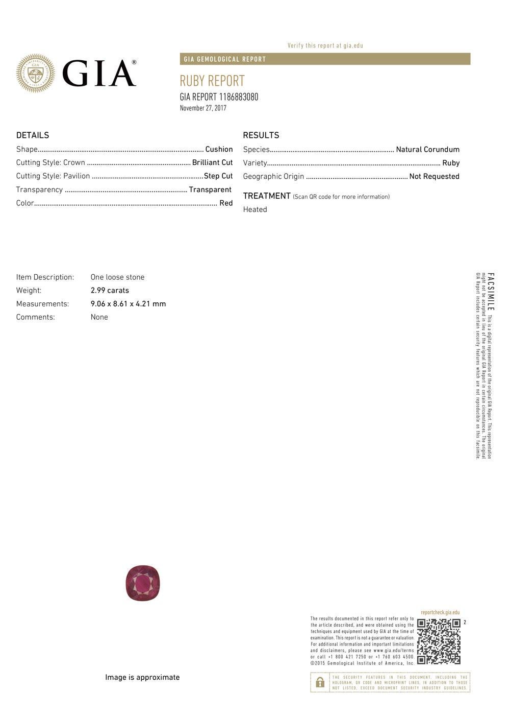 Platin Quadratischer Kissenschliff 2,99 Karat roter Rubin & spitz zulaufender Baugette Diamantring GIA im Angebot 3