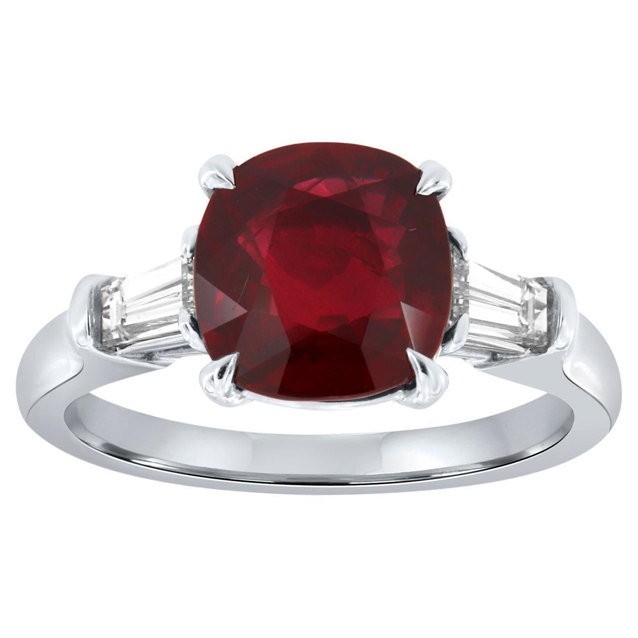 Platinum Square Cushion 2.99 Carat Red Ruby & Tapered Baugette Diamond Ring GIA For Sale