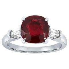 Platinum Square Cushion 2.99 Carat Red Ruby & Tapered Baugette Diamond Ring GIA