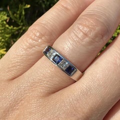 Platinum Square Cut Alternating Sapphire & Diamond 5 Stone Channel Band Ring