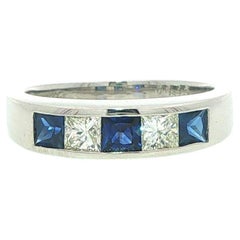 Platinum Square Cut Alternating Sapphire & Diamond 5 Stone Channel Band Ring
