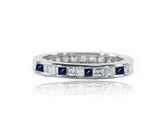 Platinum Square Diamond and Sapphire Band Ring, size 7