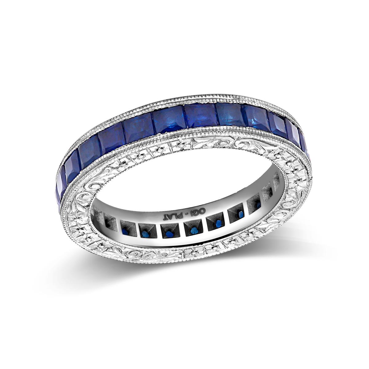 Contemporary Platinum Square Sapphire Eternity Band with Old Master Engraving