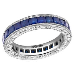Platinum Square Sapphire Eternity Band with Old Master Engraving