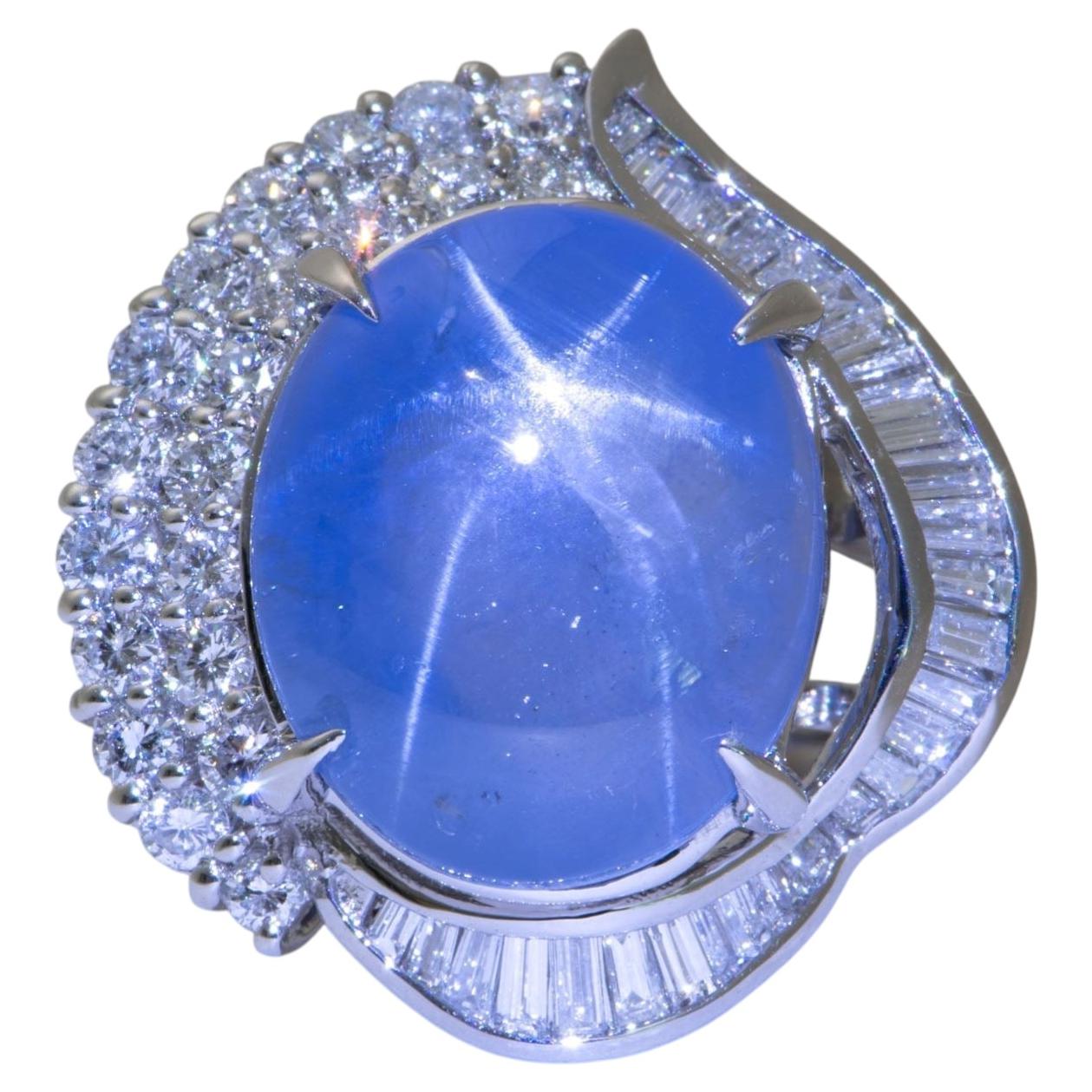 Platinum 16ct Star Sapphire with Diamond Halo Statement Ring Big Gemstone For Sale