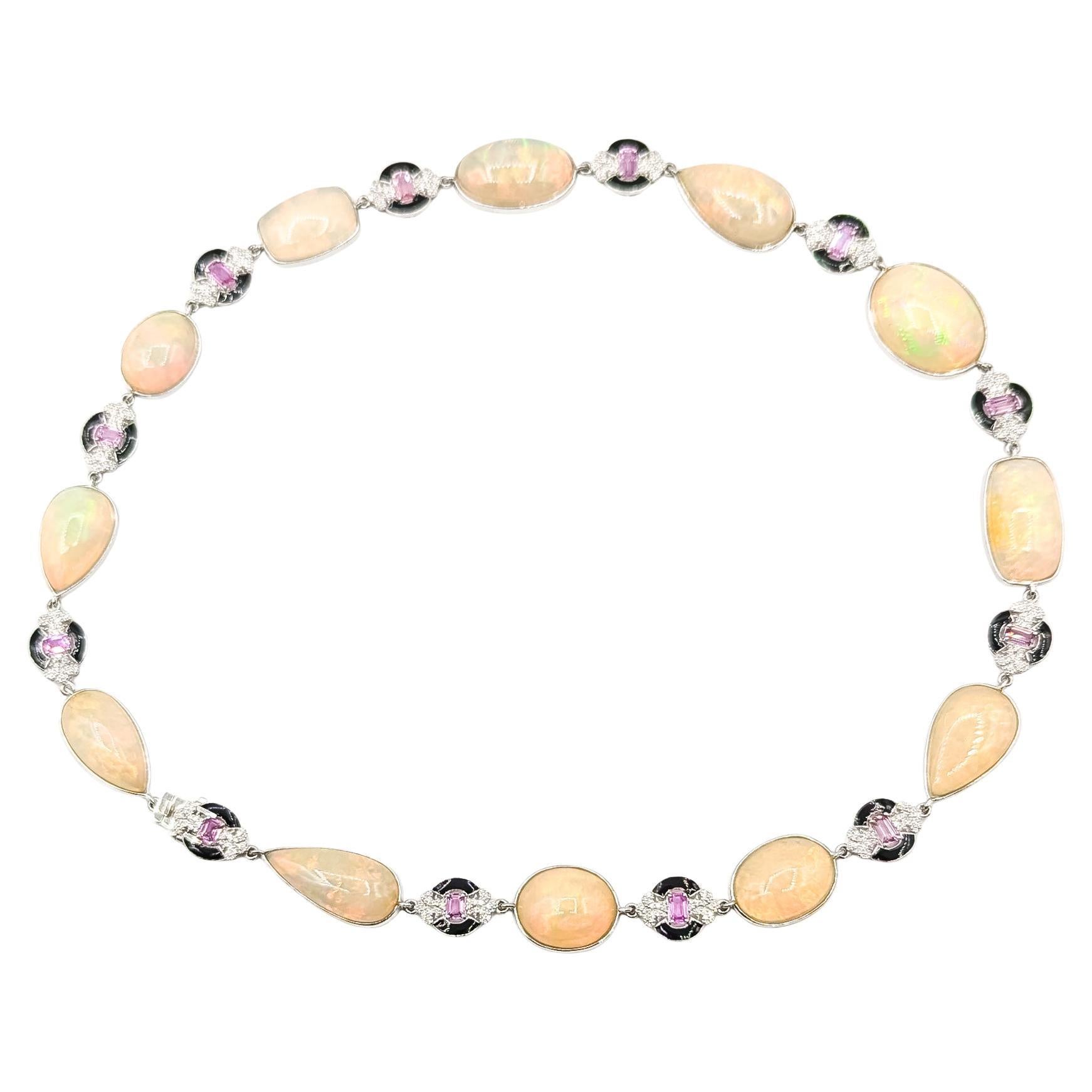 Platin-Station Schwarzes Emaille-Halsband mit Diamanten, rosa Saphiren 
Äthiopisch