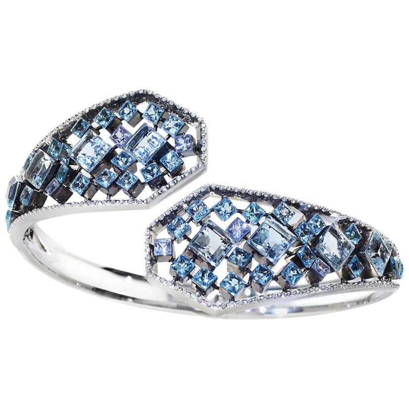 Platinum Sterling Silver  Aquamarine  Blue Topaz Bangle