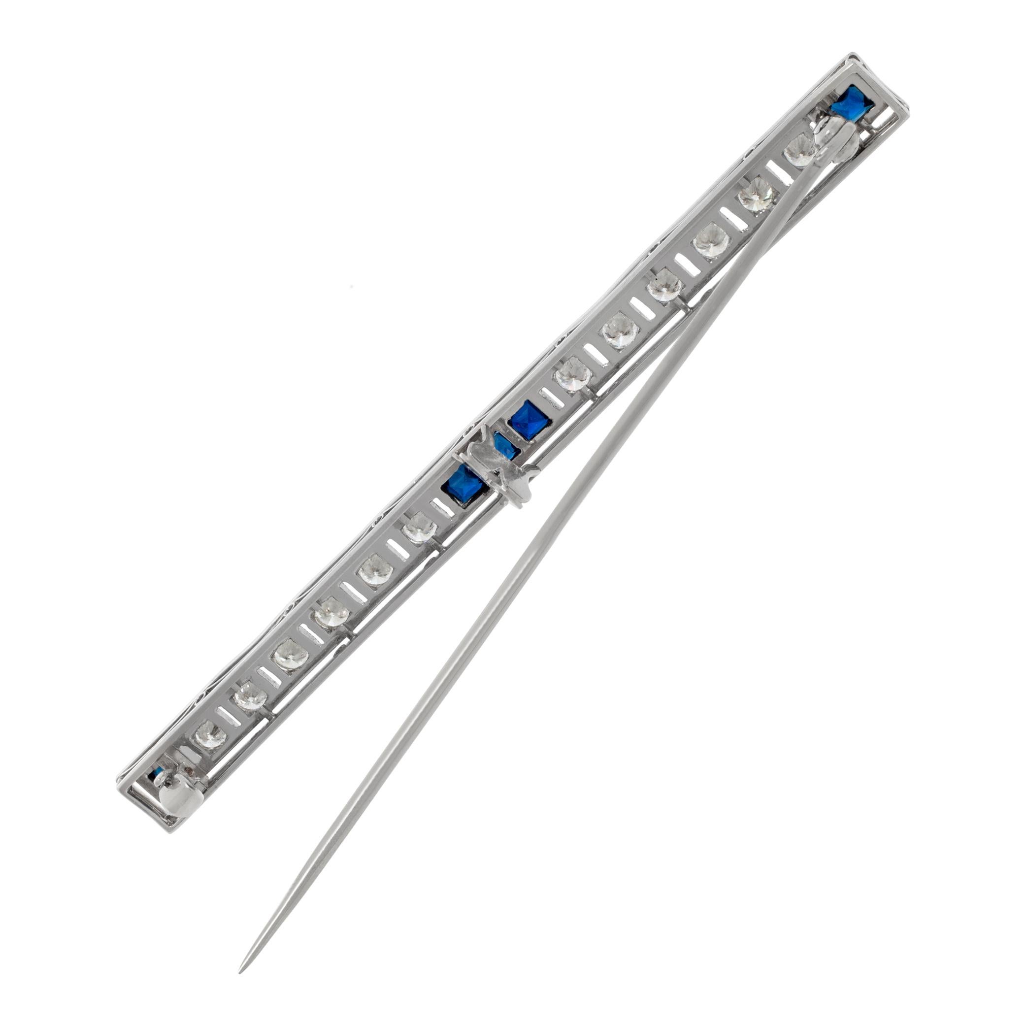 Women's Platinum stick pin with diamonds and five French cut sapphires For Sale