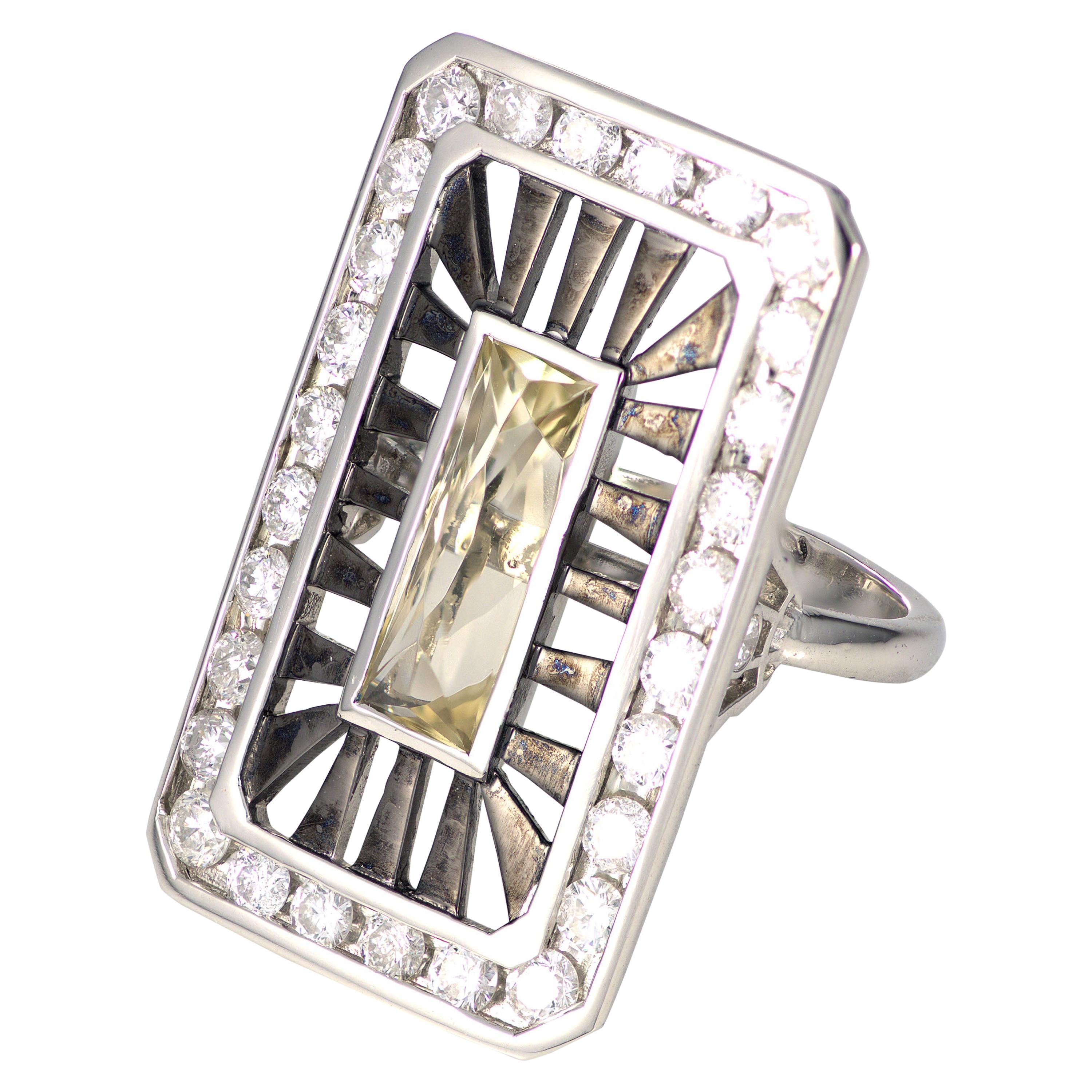 Platinum Sunstone Diamonds Art Deco Style Cocktail Ring Classic Geometric For Sale