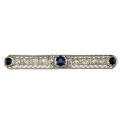 Platinum Synthetic Sapphire and Diamond Bar Brooch #23009